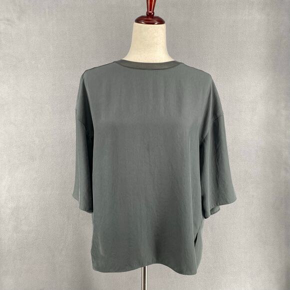 Vince Rib Trim Woven Top Womens S Oversized Boxy Lagenlook Chic Minimalist Grey - Picture 1 of 16